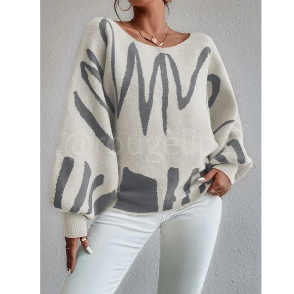 Knit Graphic Pullover Sweater Dirty Beige Grey Bishop Sleeve - Picture 3 of 10